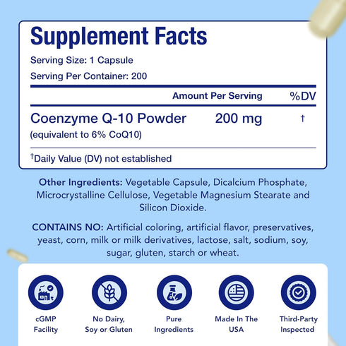 CoQ10 200mg Capsules | Vegan Friendly Coenzyme Q10 Supplement, Easy Absorption Ubiquinone for Skin, Heart, Energy