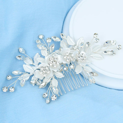 Wedding Rhinestone Hair Comb, Crystal Bride Hair Combs, Flower Side Combs, Leaf Headpiece Accessories for Women (Silver)