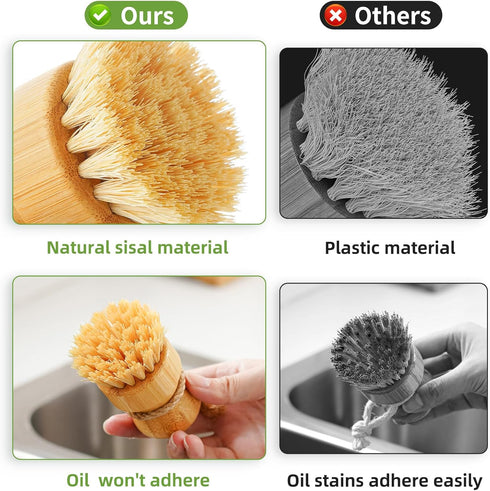 Bamboo Dish Scrub Brushes by Subekyu, Set of 3 Kitchen Wooden Cleaning Scrubbers for Cast Iron Pan/Pot