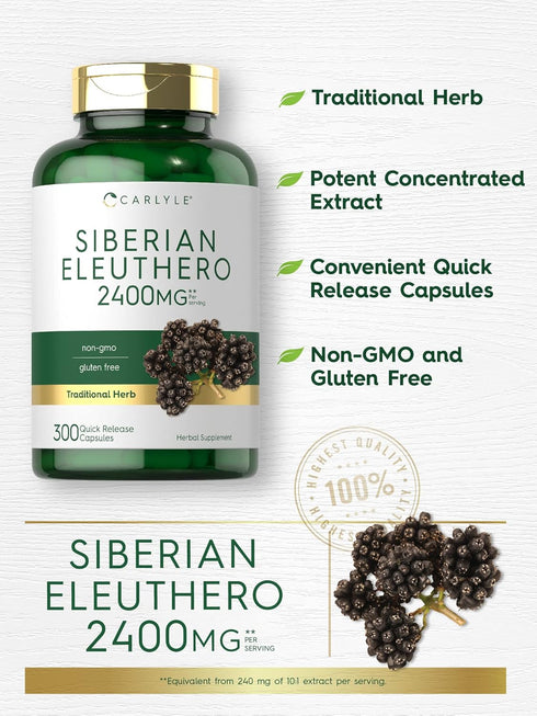 Carlyle Siberian Eleuthero | 2400mg | 300 Capsules | Non-GMO and Gluten Free Siberian Ginseng Herbal Supplement