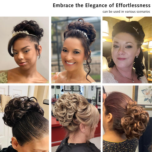 Rose Bud Chignon Hairpiece, Curly Bun Extensions Scrunchie Updo Synthetic Combs for Women, Off Black Natural