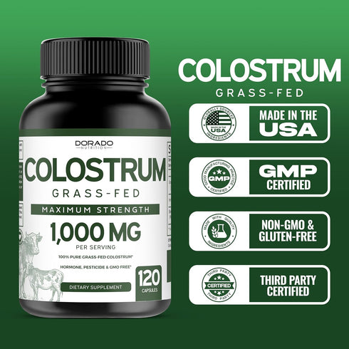 Colostrum Supplement 1000mg - Bovine Colostrum Capsules, Grass Fed, 120 Vegan Capsules, Gluten Free