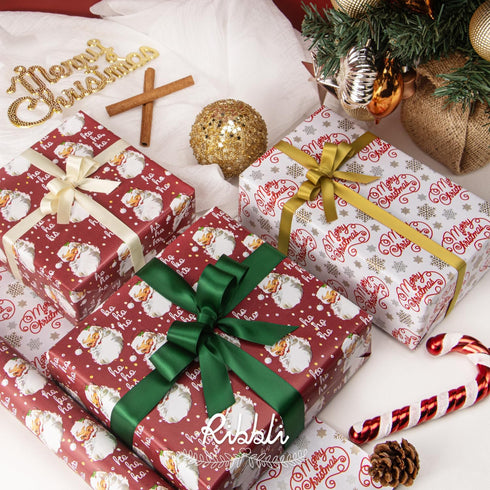 Rolls-17 Inch 33 Ribbli Christmas Wrapping Paper Reversible Vintage Santa and Merry Christmas Red White Gift Wrapping