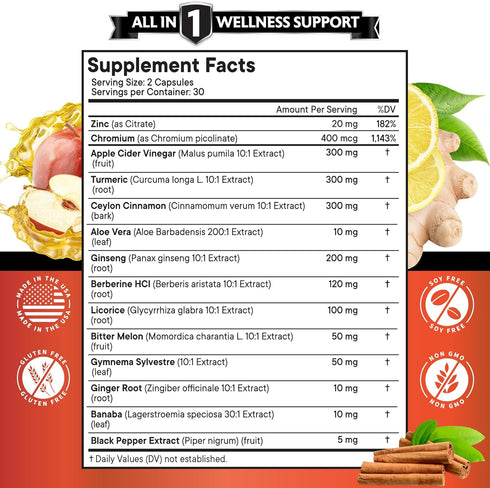 Ceylon Cinnamon 3000mg Turmeric 3000mg Apple Cider Vinegar 3000mg Ginseng 2000mg Aloe Vera 2000mg Berberine 1200mg Plus Banaba, Ginger Root - 120 Count