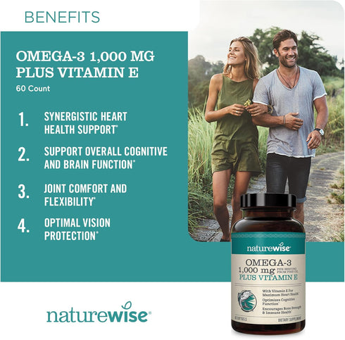 NatureWise Extra-Strength Omega 3 Fish Oil Supplement, 1000mg, 60 Softgels, 600 EPA & 400 DHA, Heart & Brain Health