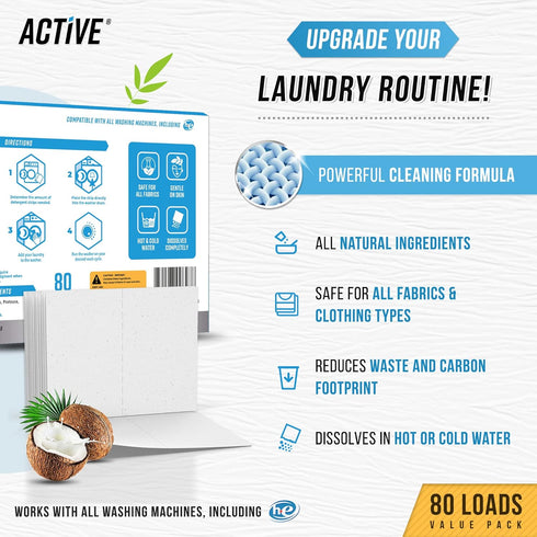 Laundry Detergent Sheets, Eco Washing Strips, 80 Loads, Liquidless Fresh Scented, Zero Waste Travel Sheets