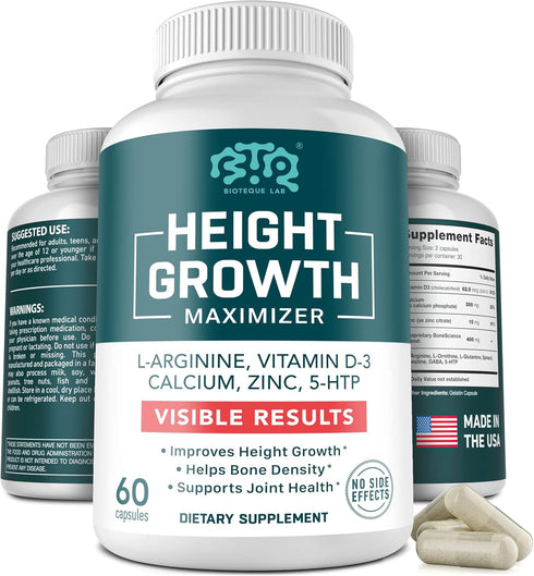 Height Growth Maximizer, Calcium, Vitamin D3 and Zinc Blend Pills, Bone Growth Supplement for Kids and Teens, 60 Caps