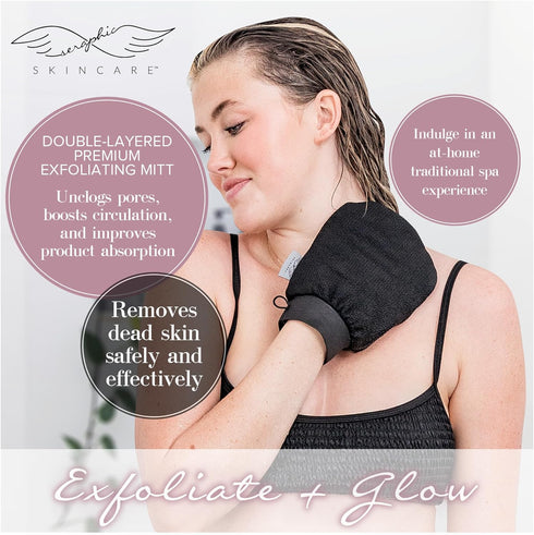 Seraphic Skincare Double-Layered Korean Exfoliating Mitt for Deep Exfoliation – Viscose Fiber Exfoliating Glove to Achieve Smooth, Glowing Skin – Self Tan Remover and Applicator for Even, Perfect Tan