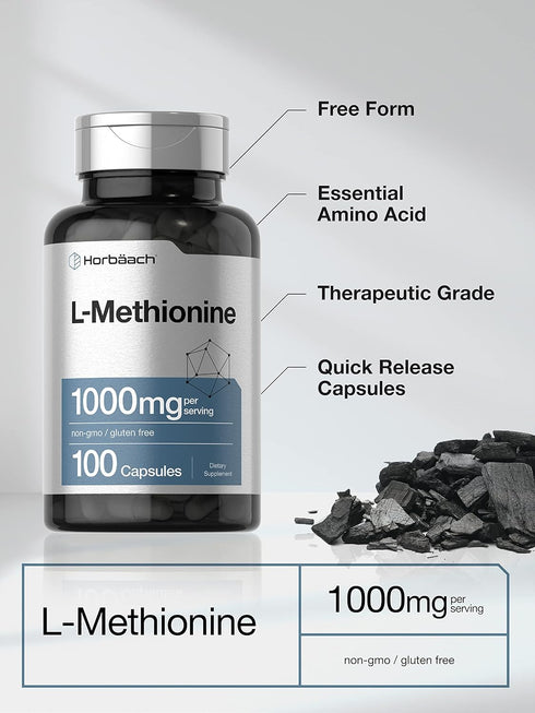 Horbaach L-Methionine 1000mg | 100 Capsules | Non-GMO, Gluten Free | Free Form Supplement