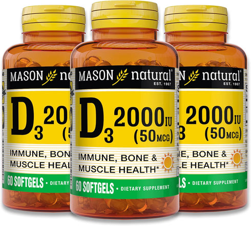 MASON NATURAL Vitamin D3 2,000 IU Ultra Strength, Supports Bone Density & Immune Health, 60 Softgels, 3 Pack