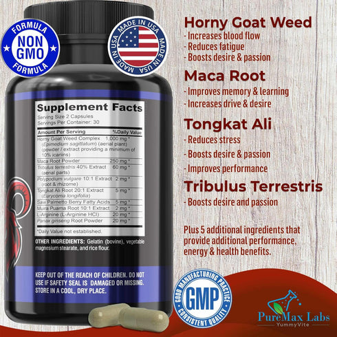 YUMMYVITE 60 Horny Goat Weed Extra Strength - with Maca, L-Arginine, Ginseng - Boost Desire, Performance, Stamina