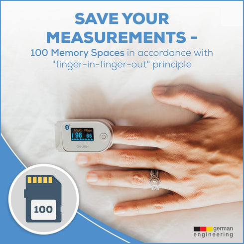 Beurer Bluetooth Digital Fingertip Pulse Oximeter, Blood Oxygen Saturation & Pulse Rate Monitor with Accessories, 1