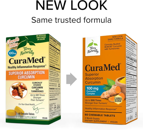 Terry Naturally CuraMed 100mg Curcumin Complex - 60 Chewable Tablets with Turmeric Essential Oil - Supports Liver,