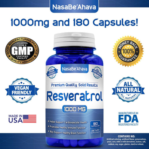 NASA Beahava 100% Pure Resveratrol, 1000mg Max Strength Antioxidant Supplement, 180 Capsules
