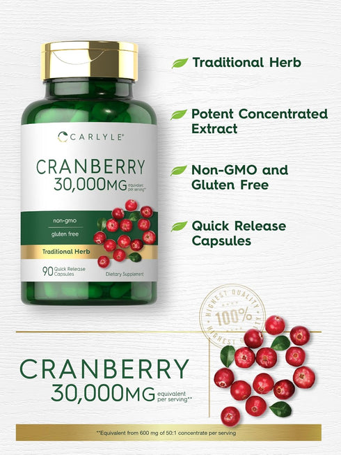 Carlyle Cranberry Supplement, 30,000mg, 90 Capsules - Non-GMO and Gluten Free Formula
