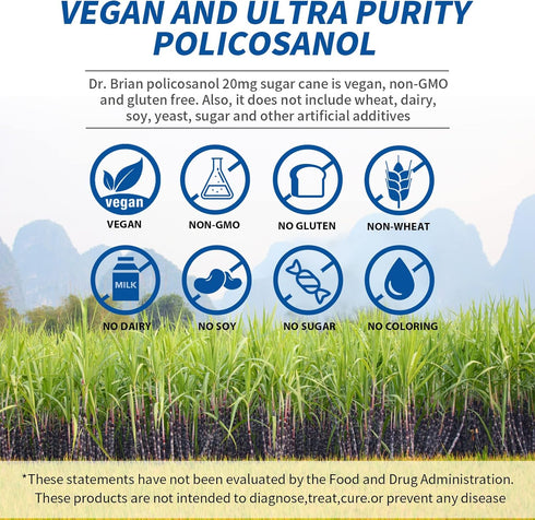 Dr. Brian Policosanol 20mg - Sugar Cane Policosanol Supplements for Body Health | Non-GMO | Vegetarian 90 Tablets