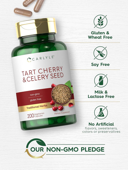 Carlyle Tart Cherry and Celery Seed Supplement, 200 Capsules, Vegetarian, Non-GMO, Gluten Free