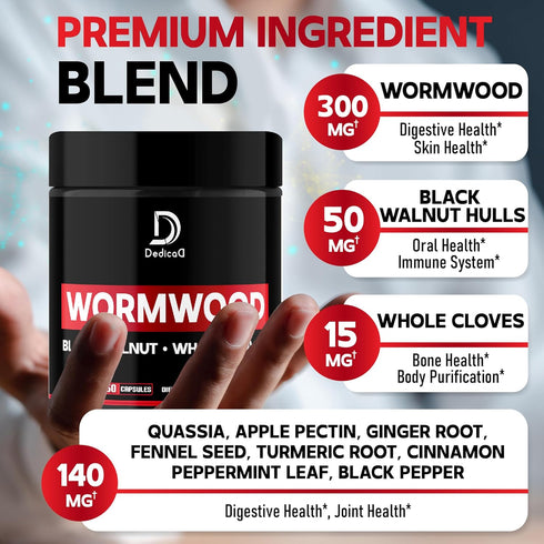 Wormwood Capsules - 12 Herbs Blended Black Walnut, Cloves, Ginger, Turmeric, Cinnamon, Apple, Quassia - 2 Packs 50 Capsules - Support Digestive, Immune System & Joint Health