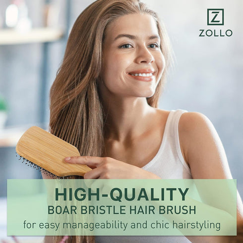Natural Boar Bristle Hair Brush for Women, Men, Kids; Detangling Paddle Brush for Fine and Curly Hair