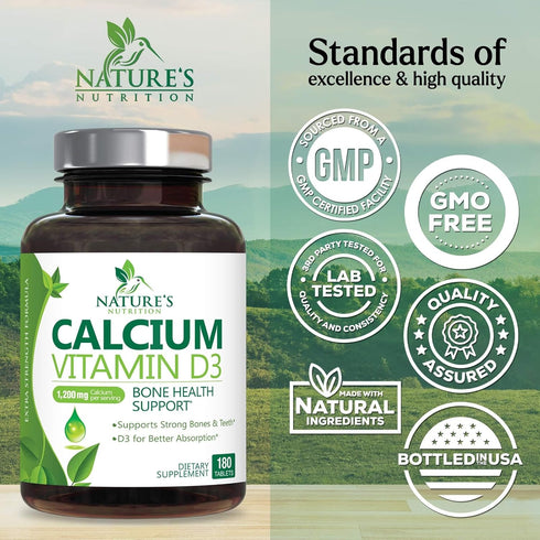Calcium 1200 mg Plus Vitamin D3, 180 Tablets, Bone Health & Immune Support, Extra Strength