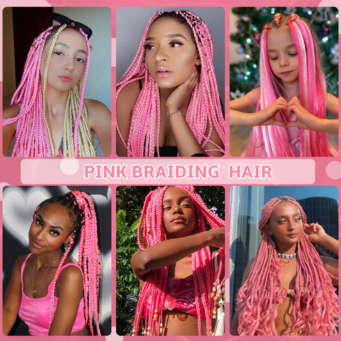 Pre Stretched Braiding Hair Extensions, 26 Inch Synthetic Hair, 6 Packs, Pink