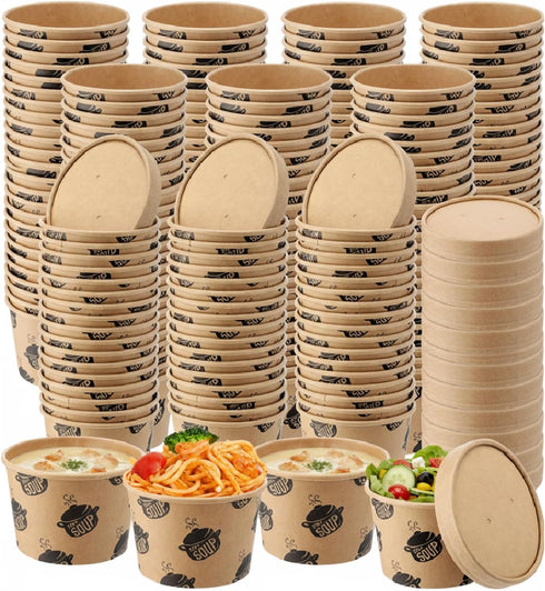 Ninehaoou 100 Pcs 8 oz Paper Soup Containers with Lids Disposable Kraft Paper
