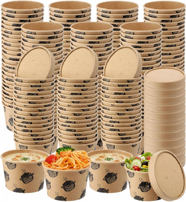 Ninehaoou 100 Pcs 8 oz Paper Soup Containers with Lids Disposable Kraft Paper