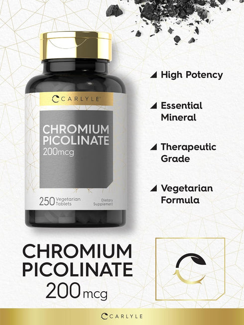 Carlyle Chromium Picolinate 200mcg | 250 Tablets | Vegetarian, Non-GMO, Gluten Free Supplement