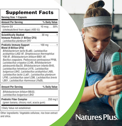 Natures Plus Immune Probiotic - 30 Capsules, 10 Billion CFU, with Prebiotic Fiber, Non-GMO, Vegan, Gluten Free - 30