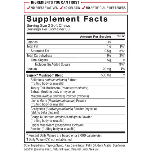 Force Factor Modern Mushrooms Soft Chews with Lions Mane, Turkey Tail, & Cordyceps for Energy, Focus, 60 Chews
