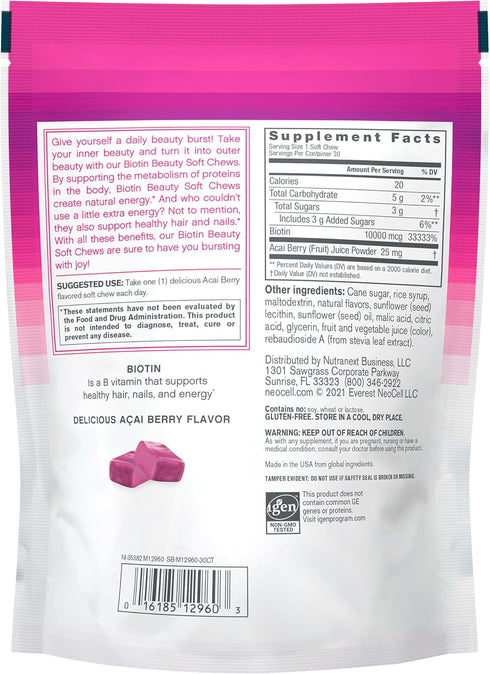 NeoCell Biotin Beauty Soft Chews, For Healthy Skin, Hair, Nails, Energy Support Supplement, Acai Berry Flavor, Soft Chews, 30 Count, 1 Bag
