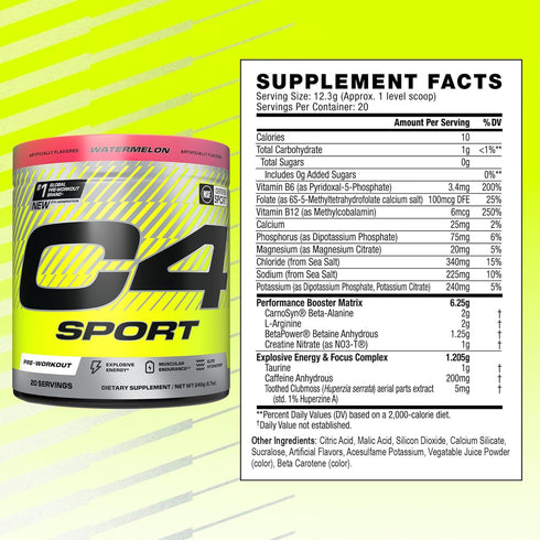 Cellucor C4 Sport Pre Workout Powder, Watermelon Flavor, 20 Servings, 200mg Caffeine + Creatine