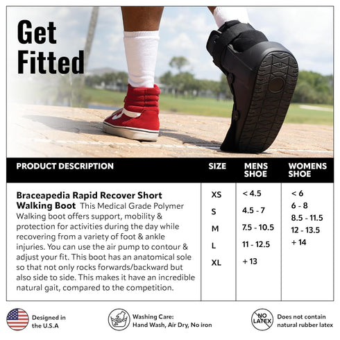 Rapid Recover Short Walking Boot, Medical Grade Foot & Ankle Support Brace, Adjustable Air Pump, Small, Black