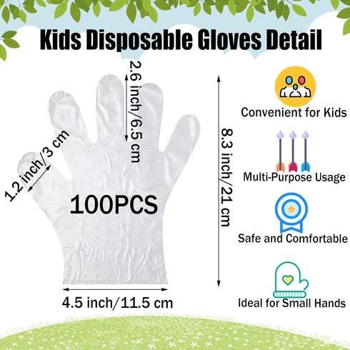 Kids Disposable Gloves - 100pcs Small Plastic Gloves PE Clear Durable Work Gloves for Cleaning Cooking Garden Craft, for 3-12 Years