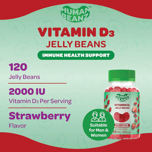 Vitamin D3 Jelly Bean Gummies for Adults, Immunity Support, 2000 IU Vitamin D, Nutritional Vegetarian Supplements, 120 Strawberry Blast Jelly Beans, Kosher