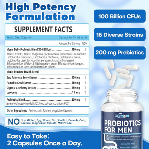 Probiotics for Men, 100 Billion CFUs with Prebiotics, Pumpkin Seed, Saw Palmetto, Cranberry & Lycopene for Prostate