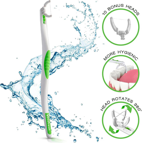 VeriFloss Dental Flosser with 10 Head Refill, Ergonomic Design for Adults & Kids, Reusable Floss Picks Cleaning Kit