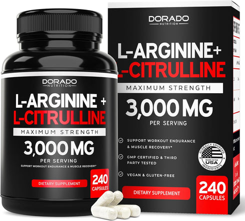 L Arginine L Citrulline Supplement 3000mg - 240 Capsules, Nitric Oxide Pills for Men, Gluten Free, Non-GMO, Vegan