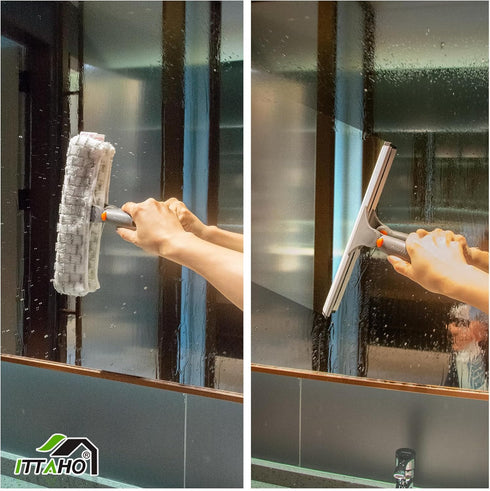 ITTAHO Squeegee for Window Cleaning, 12" Squeegee and 11" Microfiber Scrubber Combo with Extendable Stainless Steel Pole