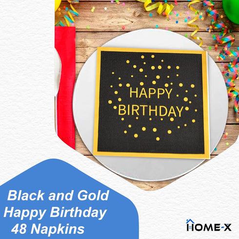 HOME-X Happy Birthday Black and Gold Paper Napkins - Square Party Napkins, 48 Count