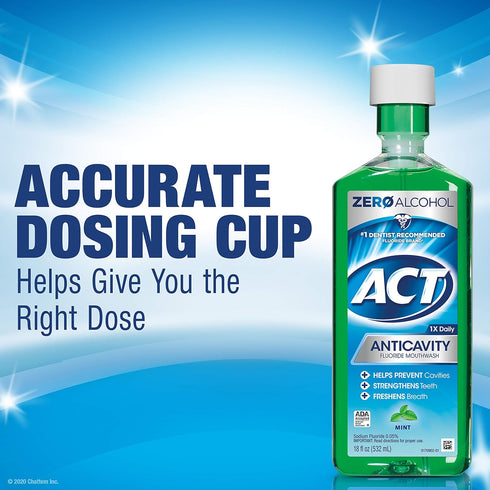 ACT Anticavity Fluoride Mouthwash 18 fl. oz., Zero Alcohol, Mint, with Accurate Dosing Cup