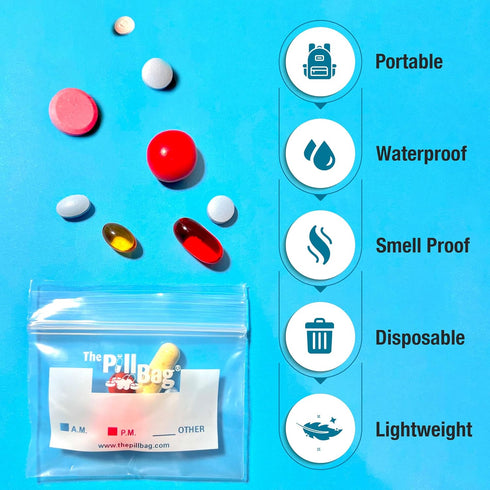 The Pill Bag Gummies 100 Count | Medicine Pill Organizer with Labels for AM/PM | Resealable Disposable Pill Pouches