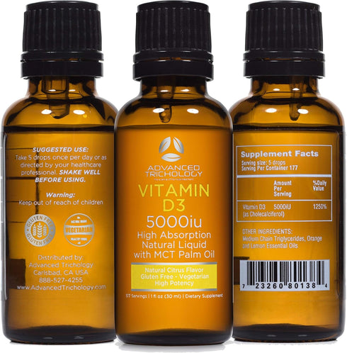 Advanced Trichology Vegetarian Liquid Vitamin D3-5000 iu, High Absorption, 6 Month Supply, Gluten Free
