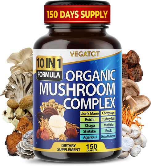10 in 1 High Strength Mushroom Supplement, 9,700MG - Lions Mane, Cordyceps, Reishi for Memory and Focus