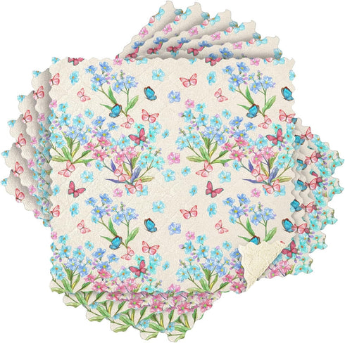 Kitchen Dish Cloths Towels with Blue Flowers and Butterflies, Reusable Super Absorbent Cleaning Rags, 12x12 in 6 Pack