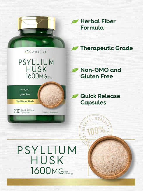 Carlyle Psyllium Husk Capsules | 1600mg | 200 Count | High Potency Fiber Supplement, Non-GMO, Gluten Free