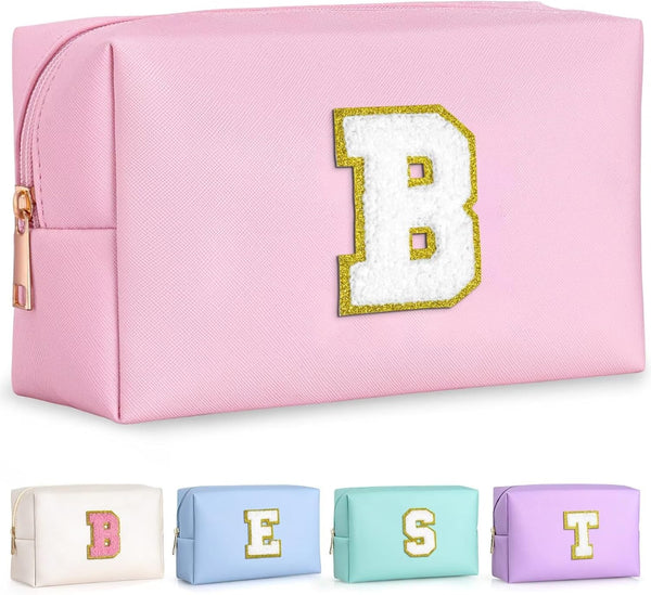 Preppy Patch Makeup Bag, Chenille Letter Pouch Cosmetic Bag, PU Leather Waterproof Toiletry Bag, Personalized Gift for