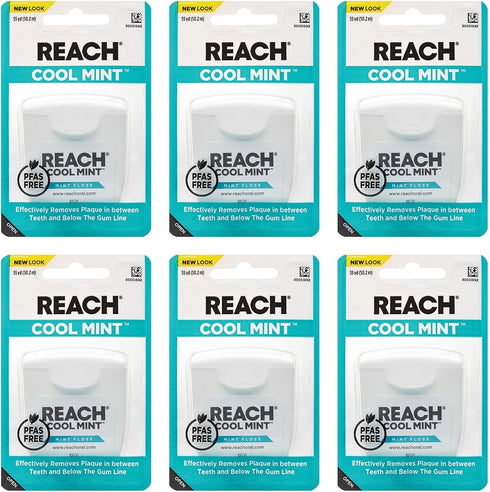 REACH Listerine Cool Mint Dental Floss, 6-Pack, Waxed, Easy on Gums, Fresh Mint