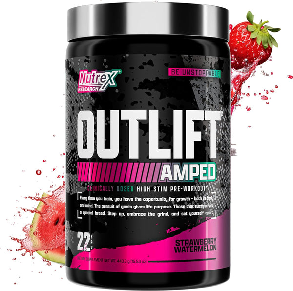 OUTLIFT Amped Max Dosed HIGH STIM Pre Workout Powder, 6G Citrulline, 3.2G Beta Alanine, Strawberry Watermelon (22