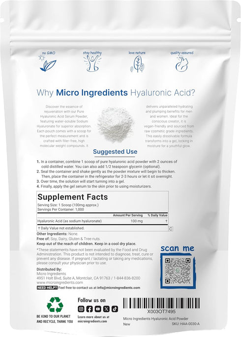 Micro Ingredients Hyaluronic Acid Serum Powder, 100 Grams | Low Molecular Weight, Vegan, Water Soluble